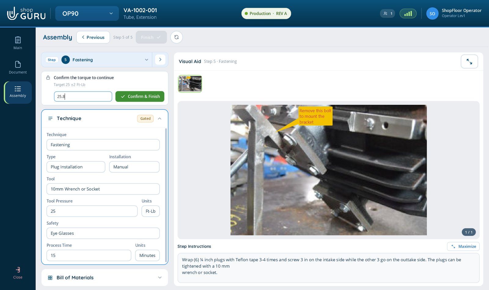 A gated Fastening step in a shopGURU assembly, in Operator view: the operator must confirm a torque of 25 plus or minus 2 foot pounds before the process can finish, with a marked-up photo of the bracket