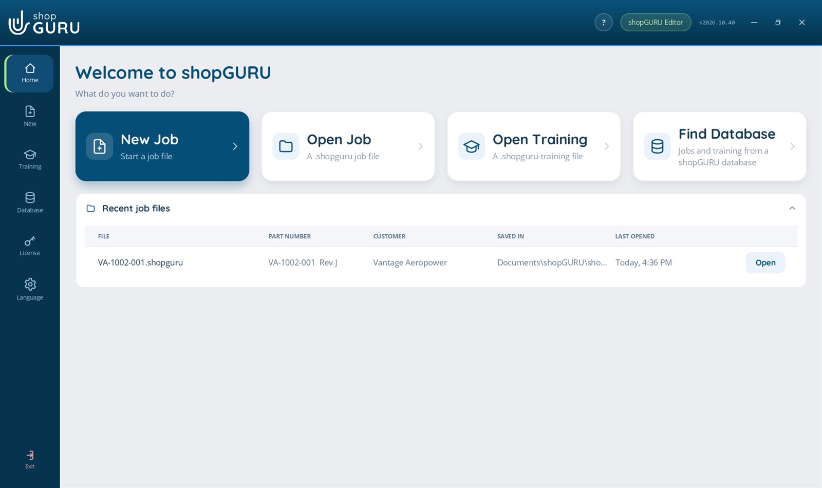 shopGURU Editor home: New Job, Open Job, Open Training and Find Database, with recent job files