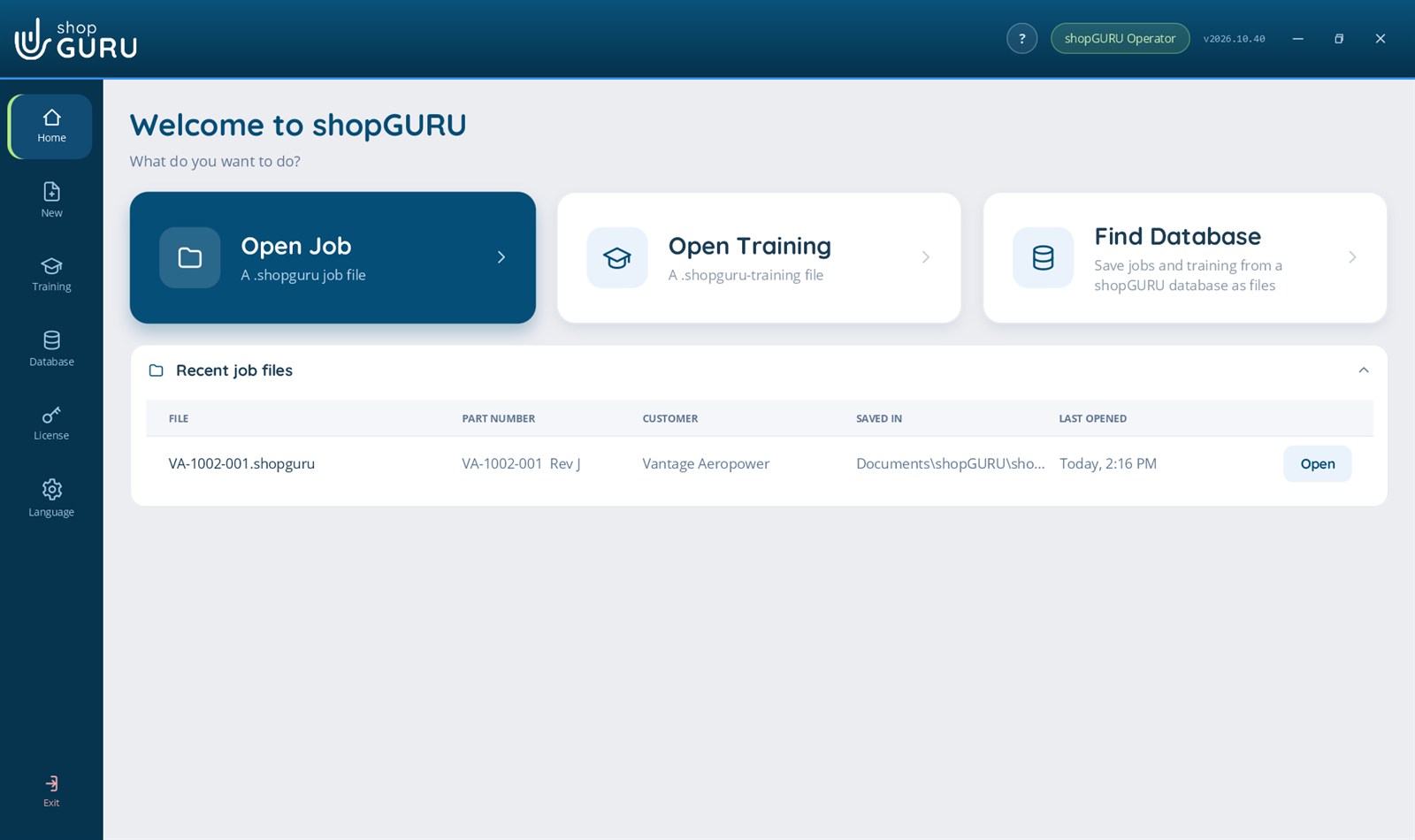 shopGURU Operator home: Open Job, Open Training and Find Database, with recent job files
