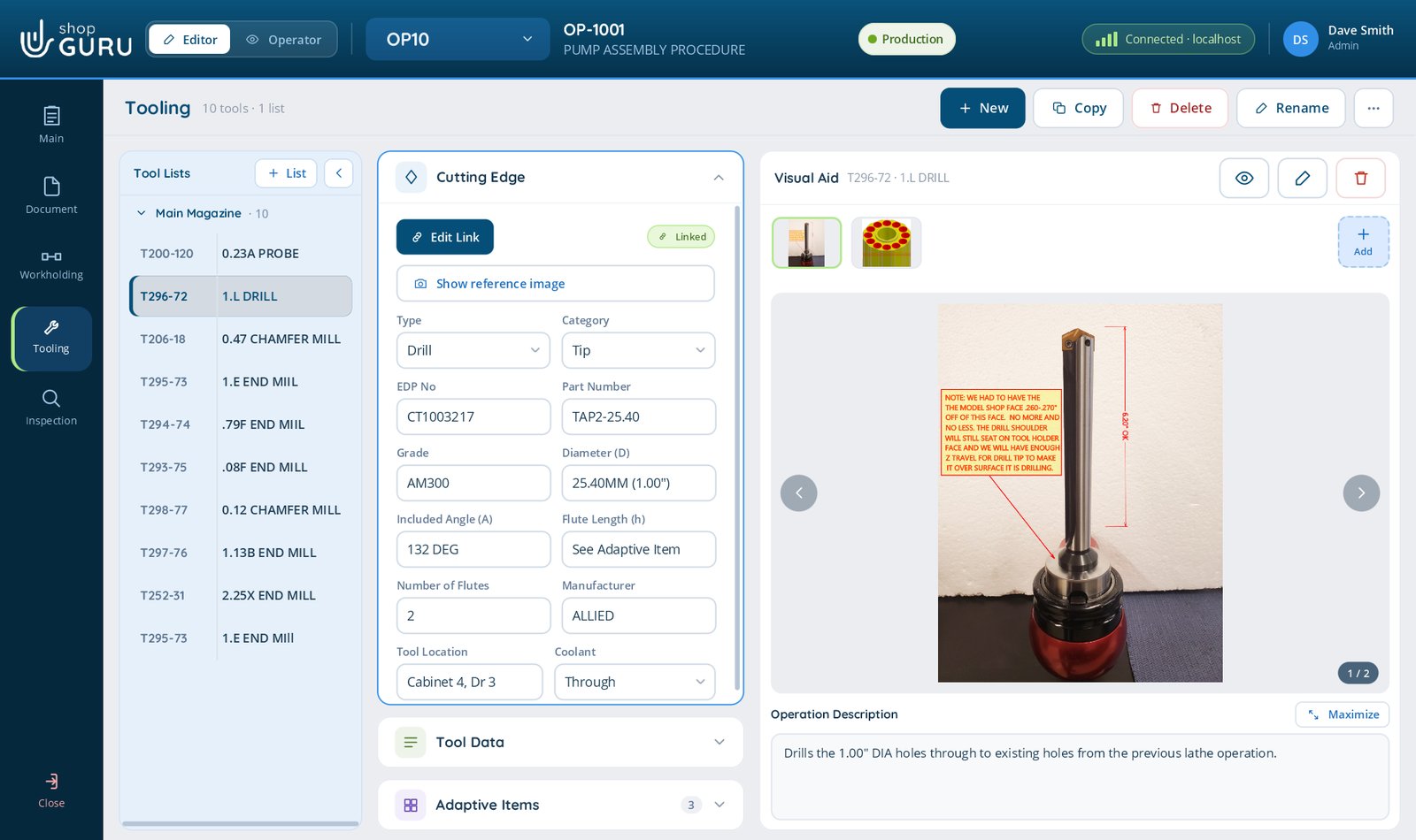 Tooling: the tool list, with a tool linked to the Tool Crib