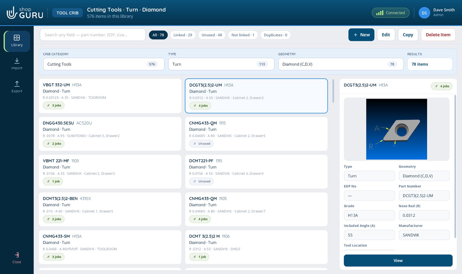 The shopGURU Tool Crib library, showing import and export and per-item job links