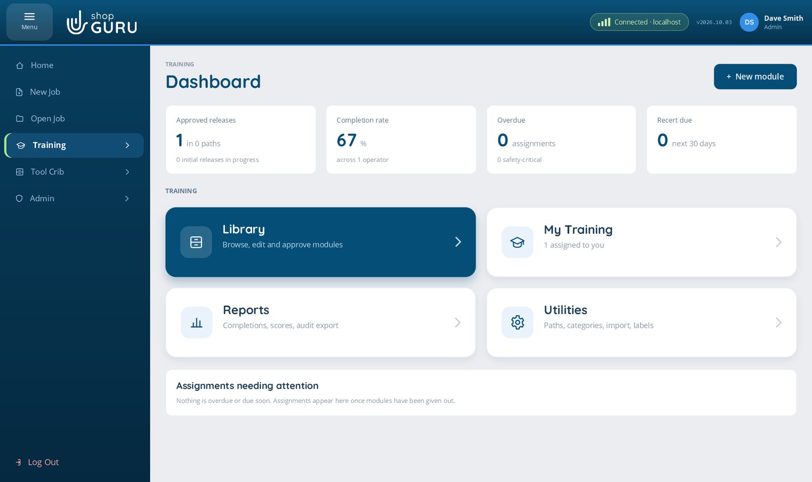 The shopGURU Training dashboard showing approved releases, completion rate, overdue assignments and re-certifications due, with Library, My Training, Reports and Utilities