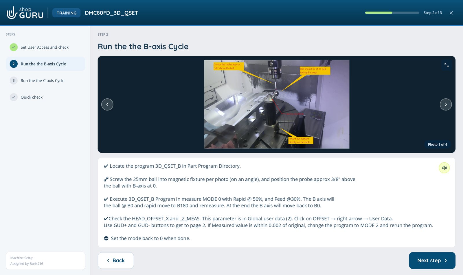 A shopGURU training step: a marked-up setup photo above step-by-step instructions, with the step list on the left and a read-aloud button