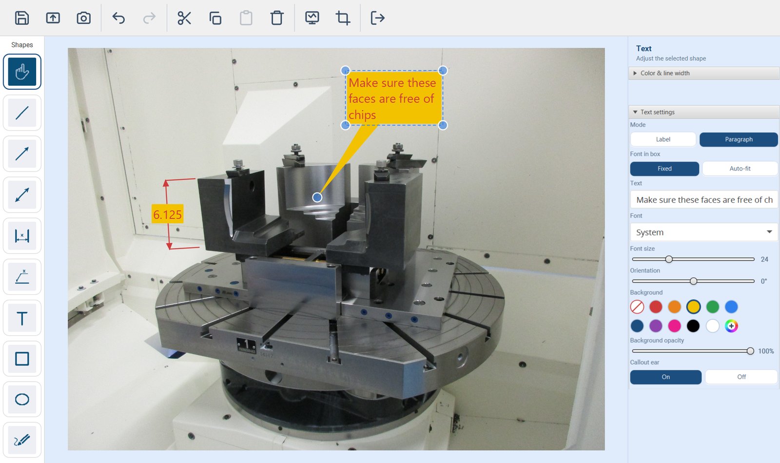 The shopGURU markup tool: a fixture setup photo with a 6.125 dimension and a callout reading Make sure these faces are free of chips, selected and still editable, with its text settings open